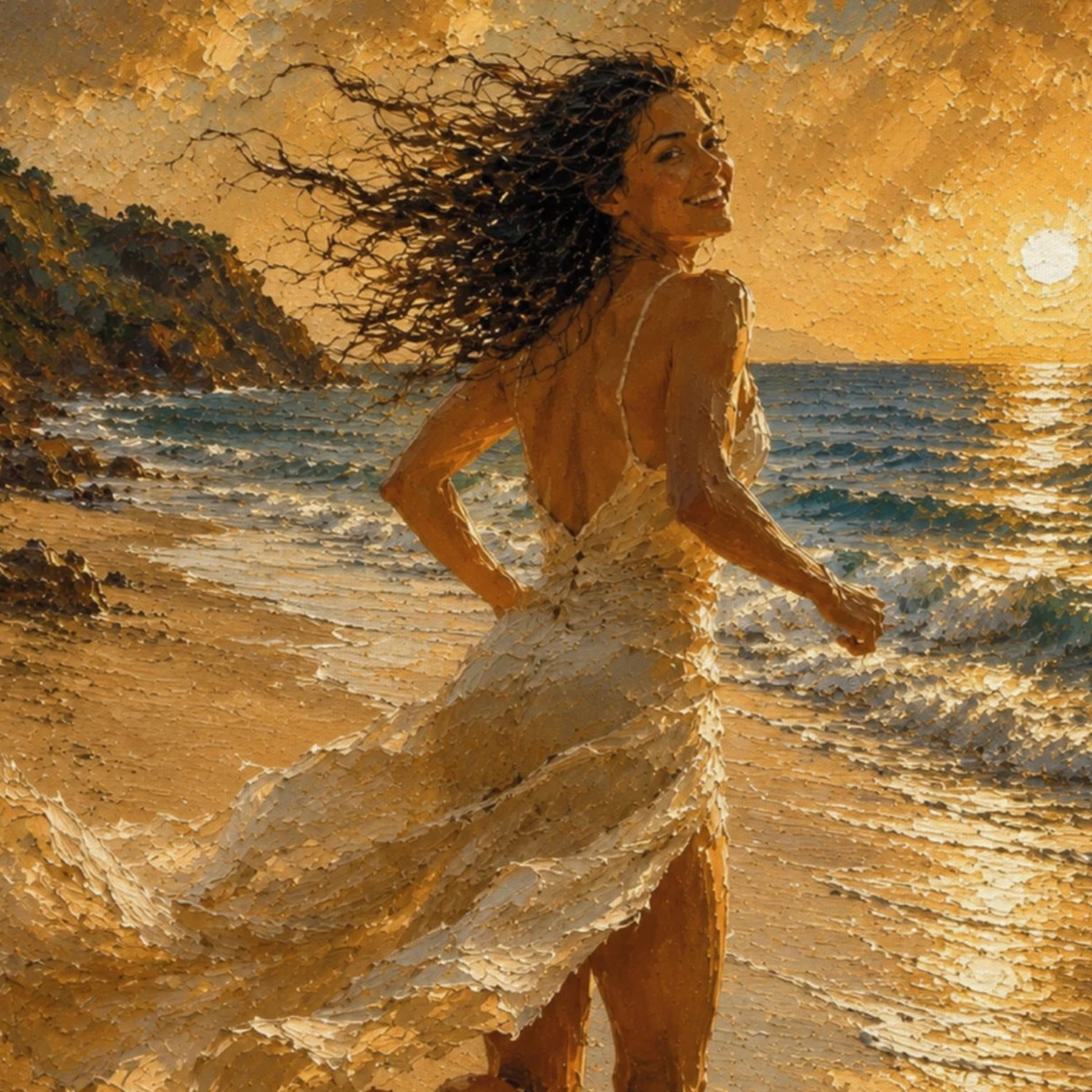 Close-up of painterly Mediterranean art with windblown hair, flowing white fabric, moving sea and golden sunset light.