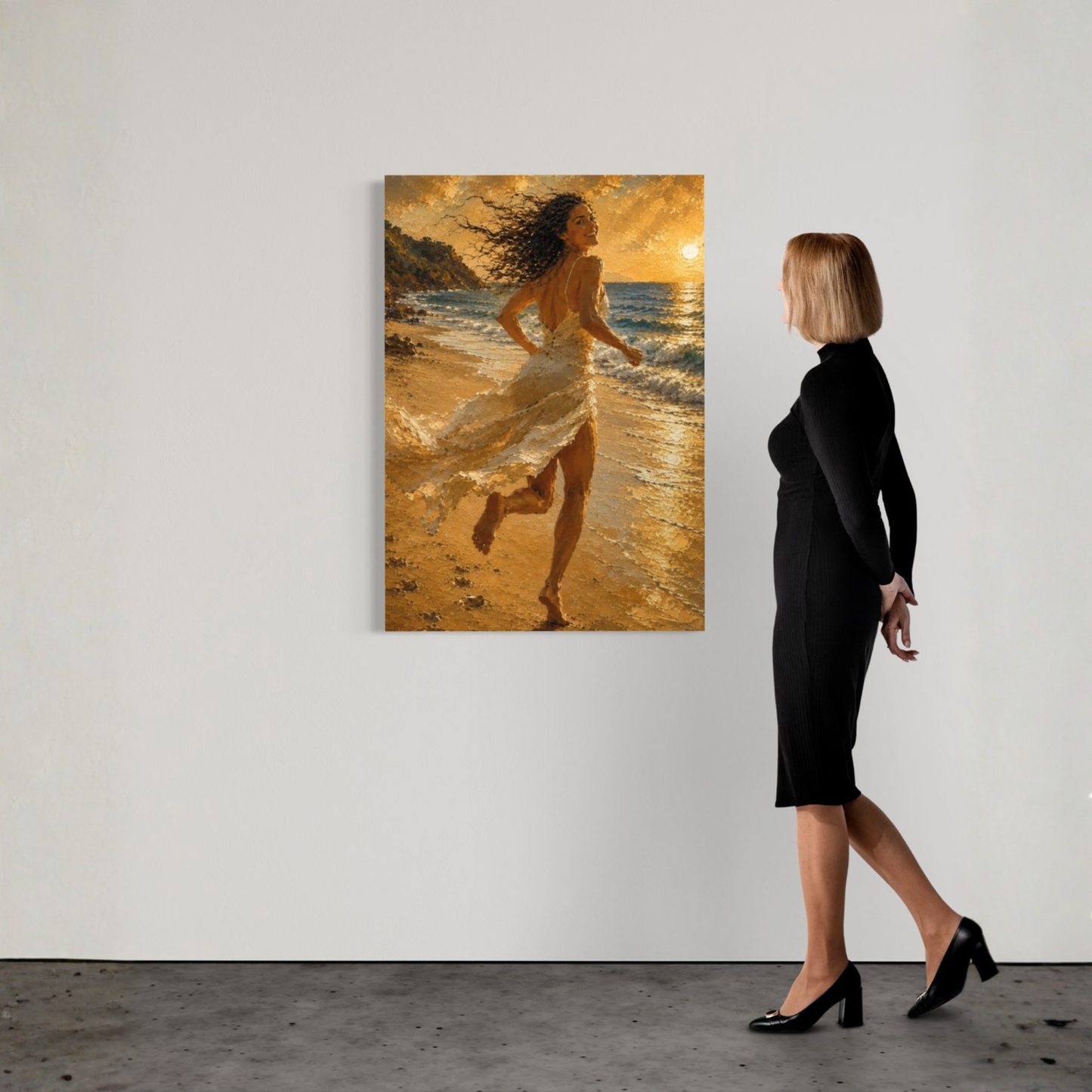 Mediterranean sunset fine art print showing a woman running beside the sea in flowing white fabric and golden evening light.