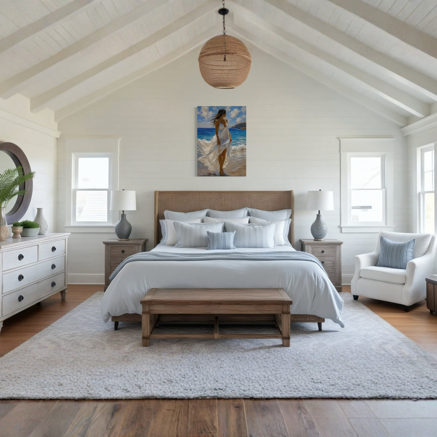 A styled bedroom interior with a bed centered under a vaulted ceiling, featuring the Windswept Mediterranean canvas art above the headboard, white bedding, wooden furniture, a large light rug, and a white armchair by the window.