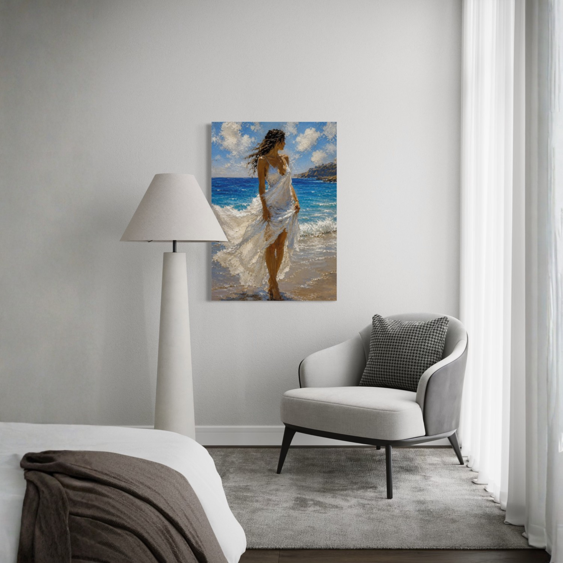 Windswept Mediterranean canvas art displayed on a light gray wall in a modern bedroom setting next to a white floor lamp and a gray armchair.