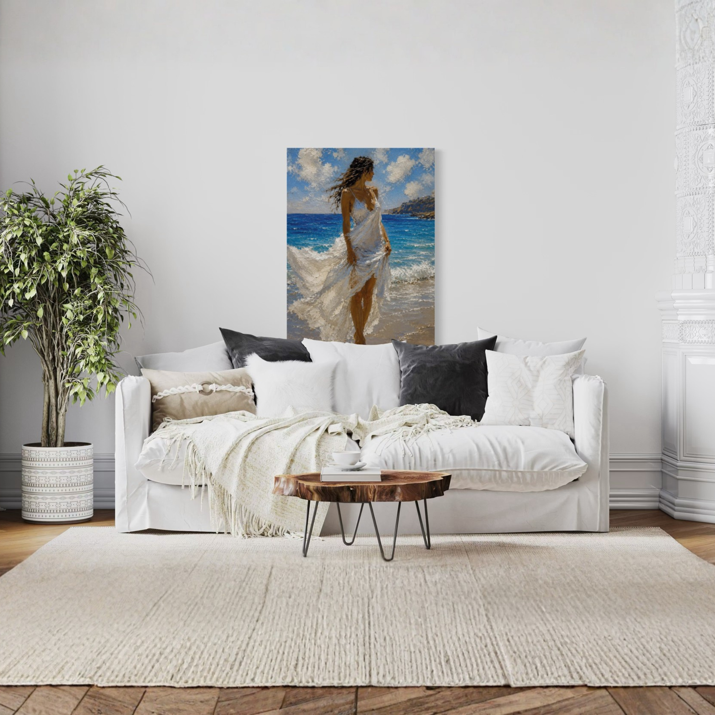 Windswept Mediterranean canvas art displayed on a white wall above a modern white sofa in a styled living room.