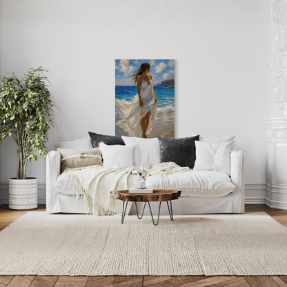 Windswept Mediterranean canvas art displayed on a white wall above a modern white sofa in a styled living room.