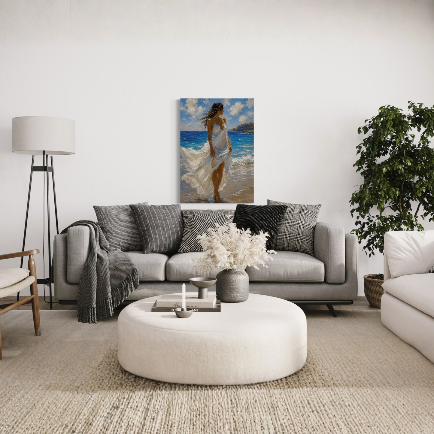 Windswept Mediterranean canvas art displayed on a white wall in a modern, neutral-toned living room setting.
