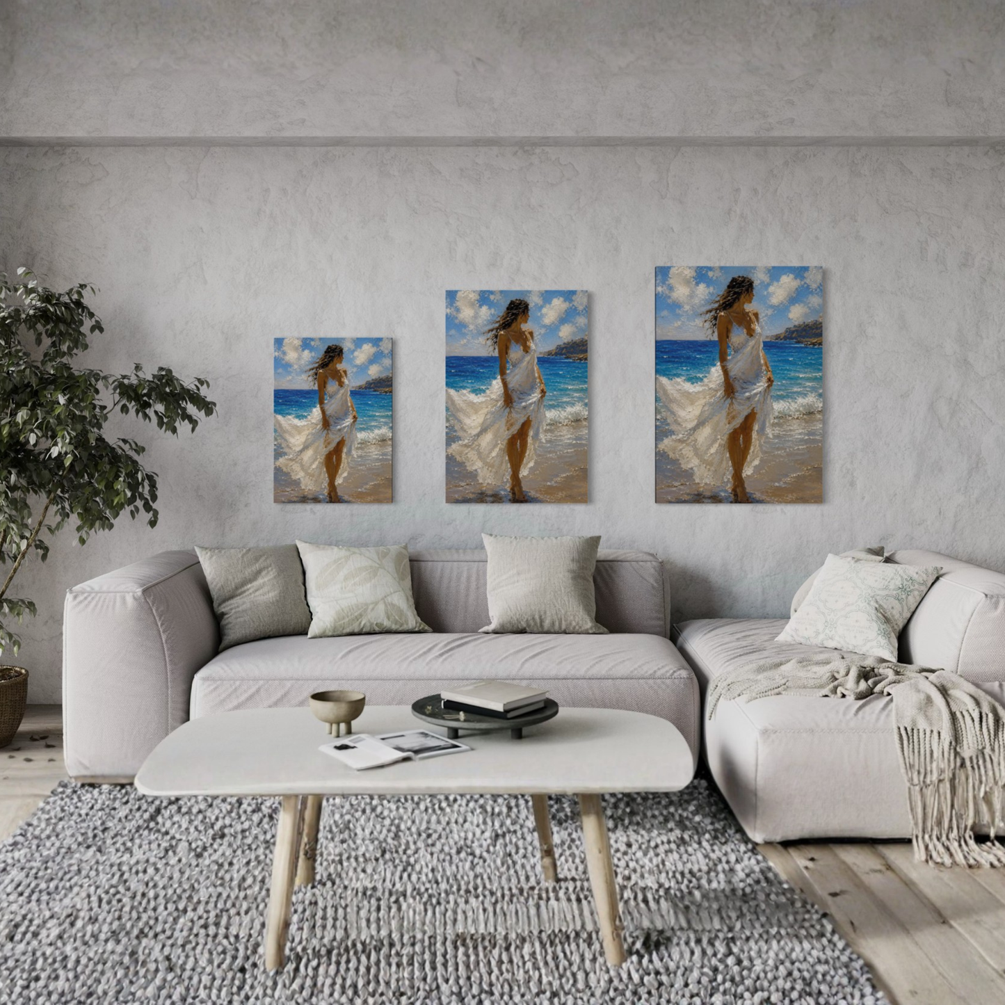 Windswept Mediterranean canvas art displayed on a textured gray wall above a light gray sectional sofa.