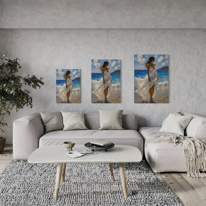 Windswept Mediterranean canvas art displayed on a textured gray wall above a light gray sectional sofa.