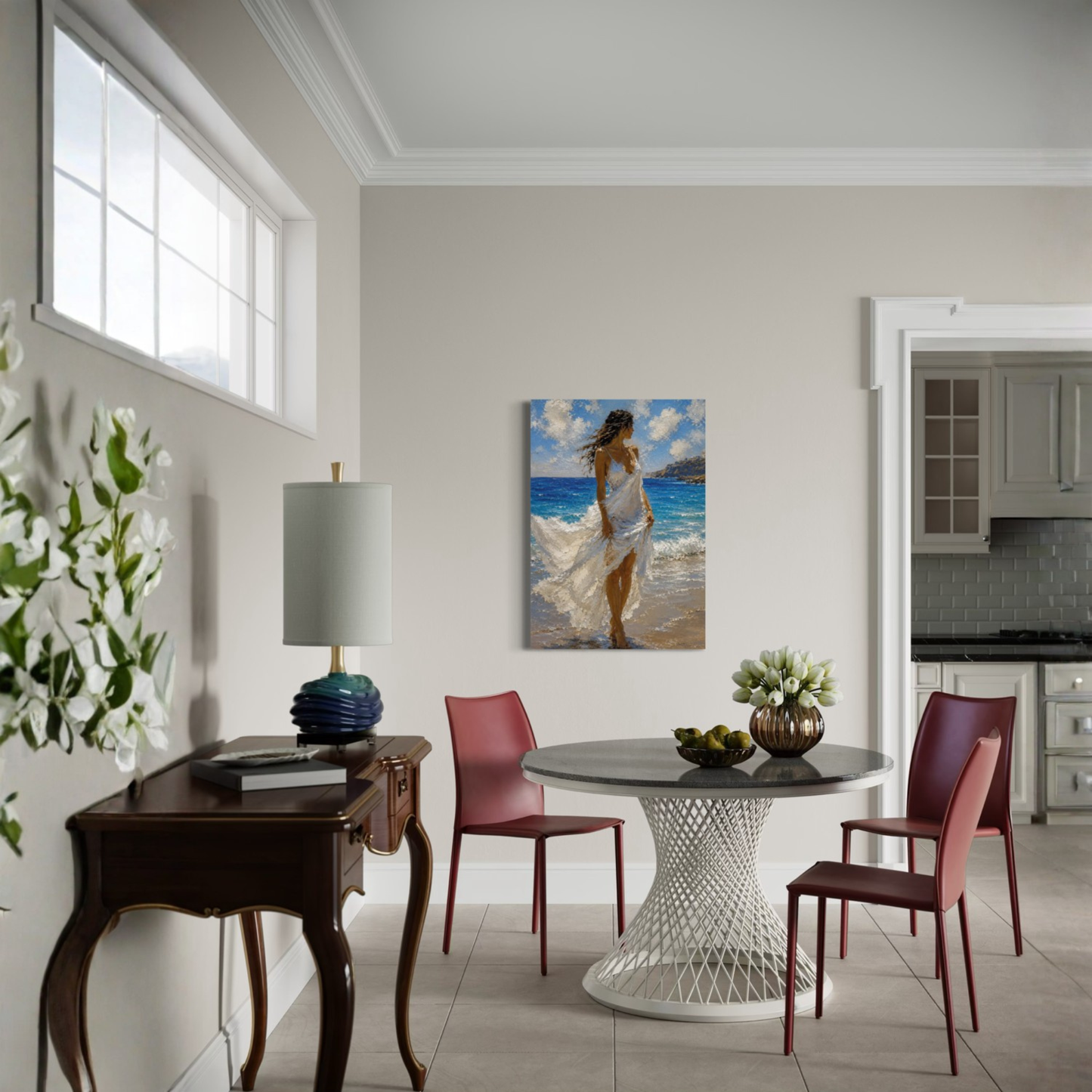 Windswept Mediterranean canvas art displayed on a light gray wall in a modern dining room setting with a round table and chairs.