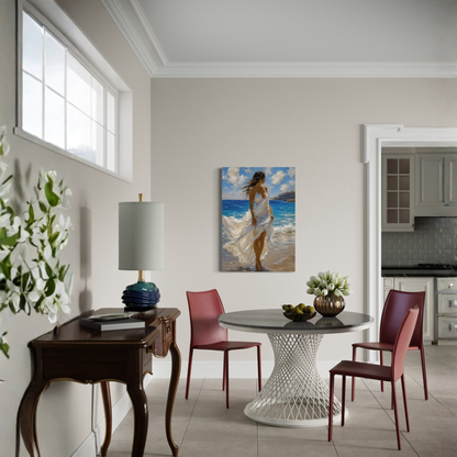 Windswept Mediterranean canvas art displayed on a light gray wall in a modern dining room setting with a round table and chairs.
