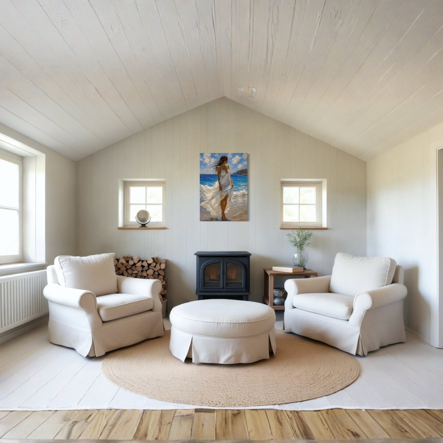 A bright, airy living room with a white paneled vaulted ceiling, featuring two cream-colored armchairs, a matching round ottoman, a natural jute area rug, a dark wood fireplace, and the Windswept Mediterranean canvas art on the wall.