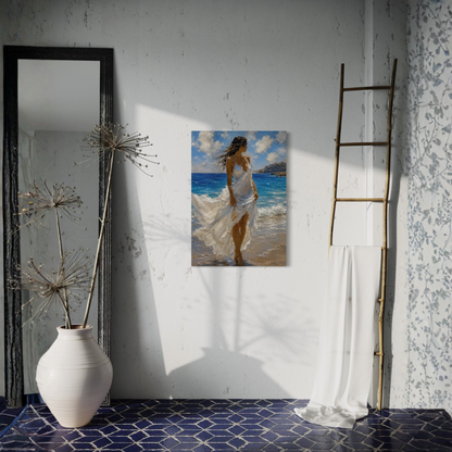 Windswept Mediterranean canvas art displayed on a textured white wall in a styled room with a mirror, vase, ladder, and patterned wallpaper.