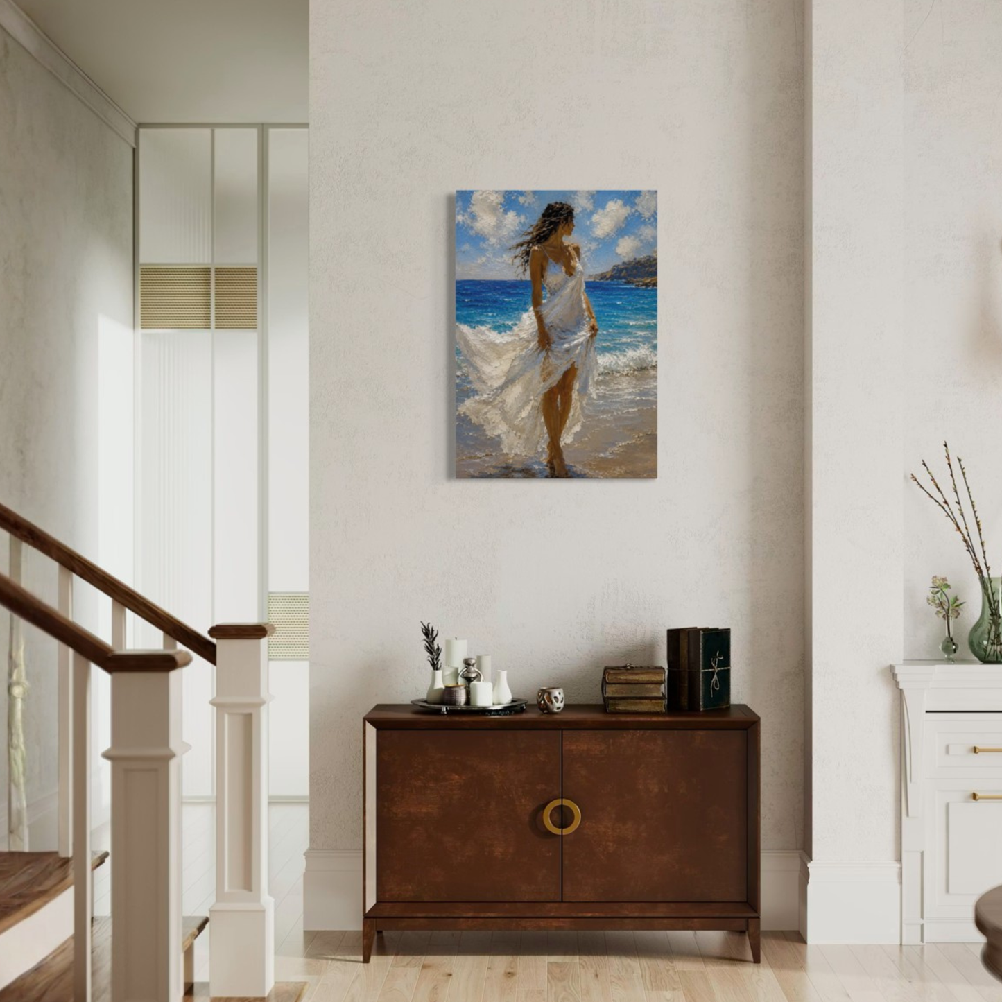 Windswept Mediterranean canvas art displayed on a light beige wall in a modern, bright entryway with a wooden console table and staircase.