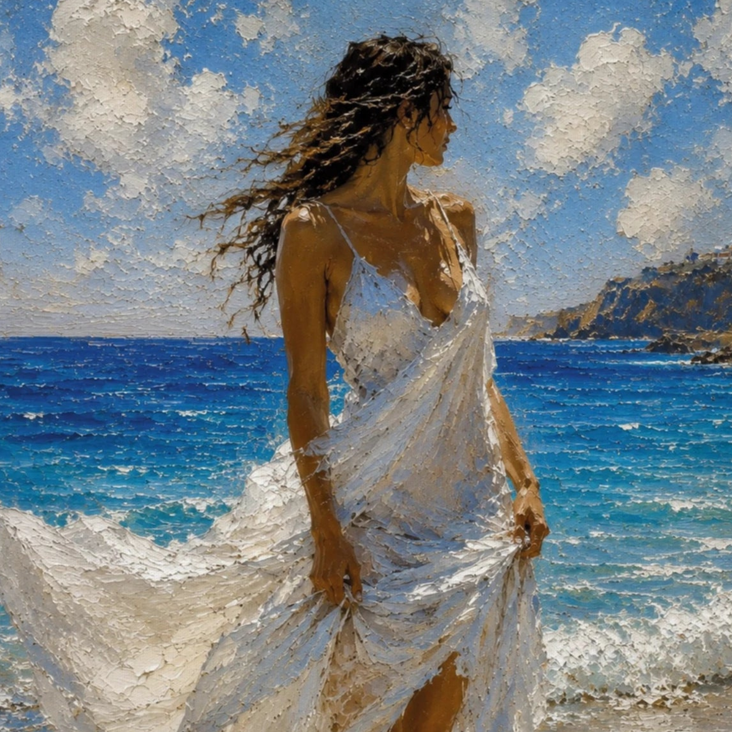 Gallery-wrapped canvas detail of Windswept with blue sea, white fabric and artwork continuing around the edges.
