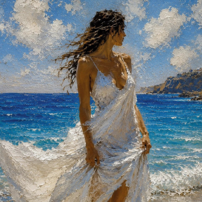 Gallery-wrapped canvas detail of Windswept with blue sea, white fabric and artwork continuing around the edges.