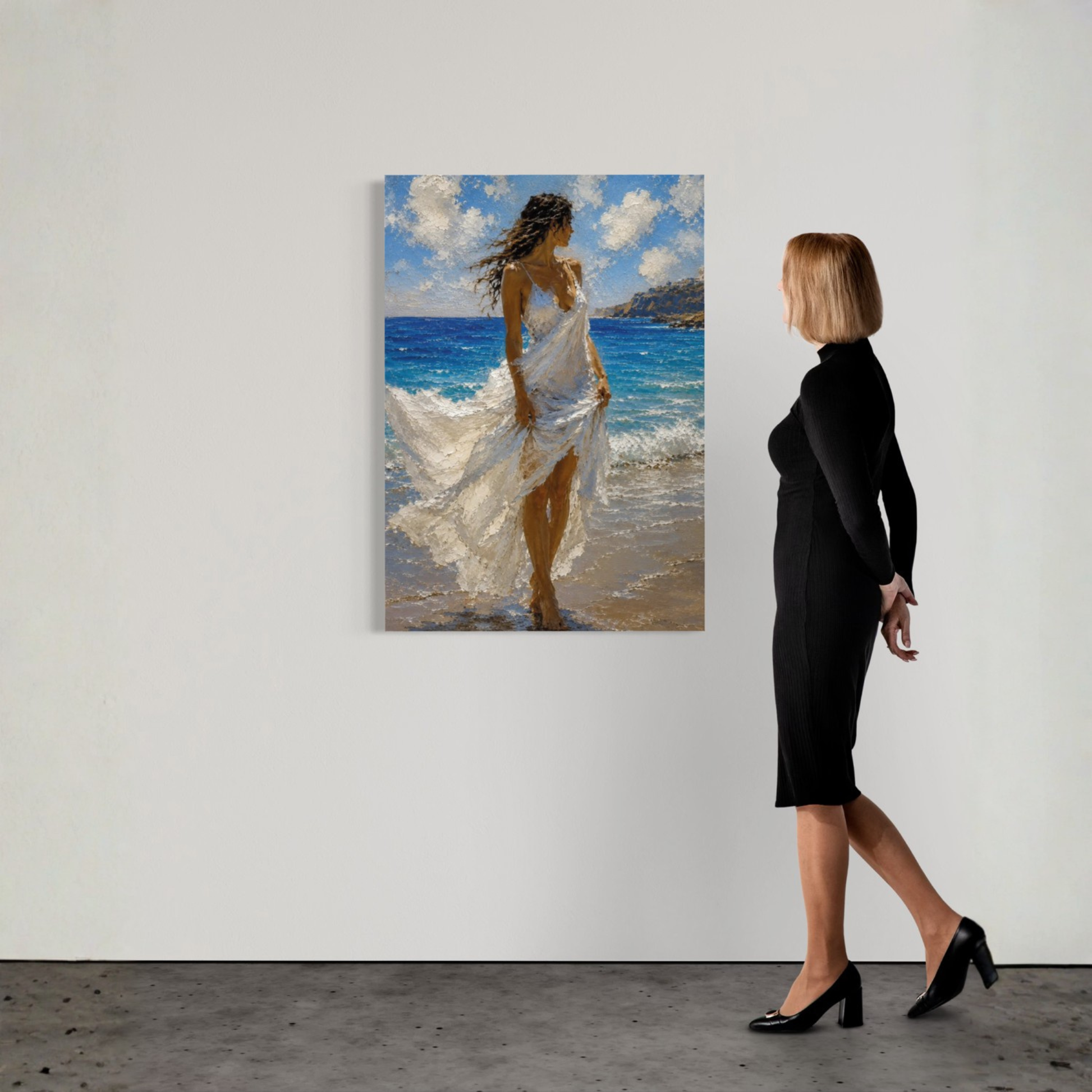 Mediterranean coastal canvas art showing a woman in a white dress standing beside the blue sea in bright wind and light.
