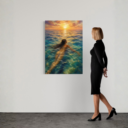 Mediterranean sea canvas art showing a lone woman swimming through turquoise water beneath golden sunset light.