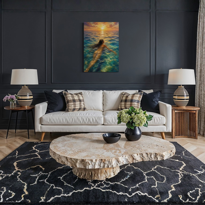 The Current Mediterranean canvas art displayed on a dark paneled wall above a modern white sofa in a styled living room.