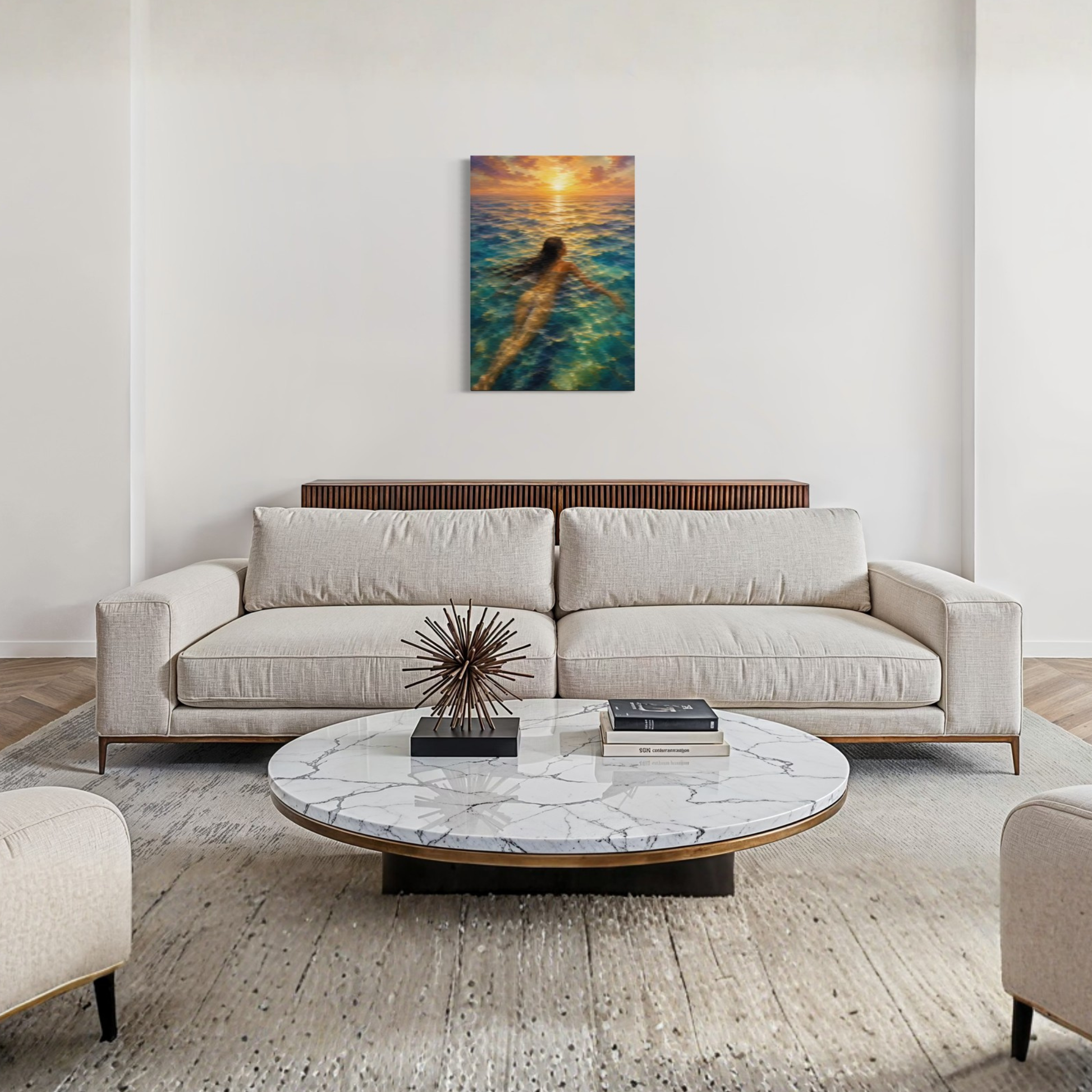 The Current Mediterranean canvas art styled in a modern living room above a light beige sofa.