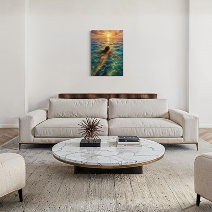 The Current Mediterranean canvas art styled in a modern living room above a light beige sofa.