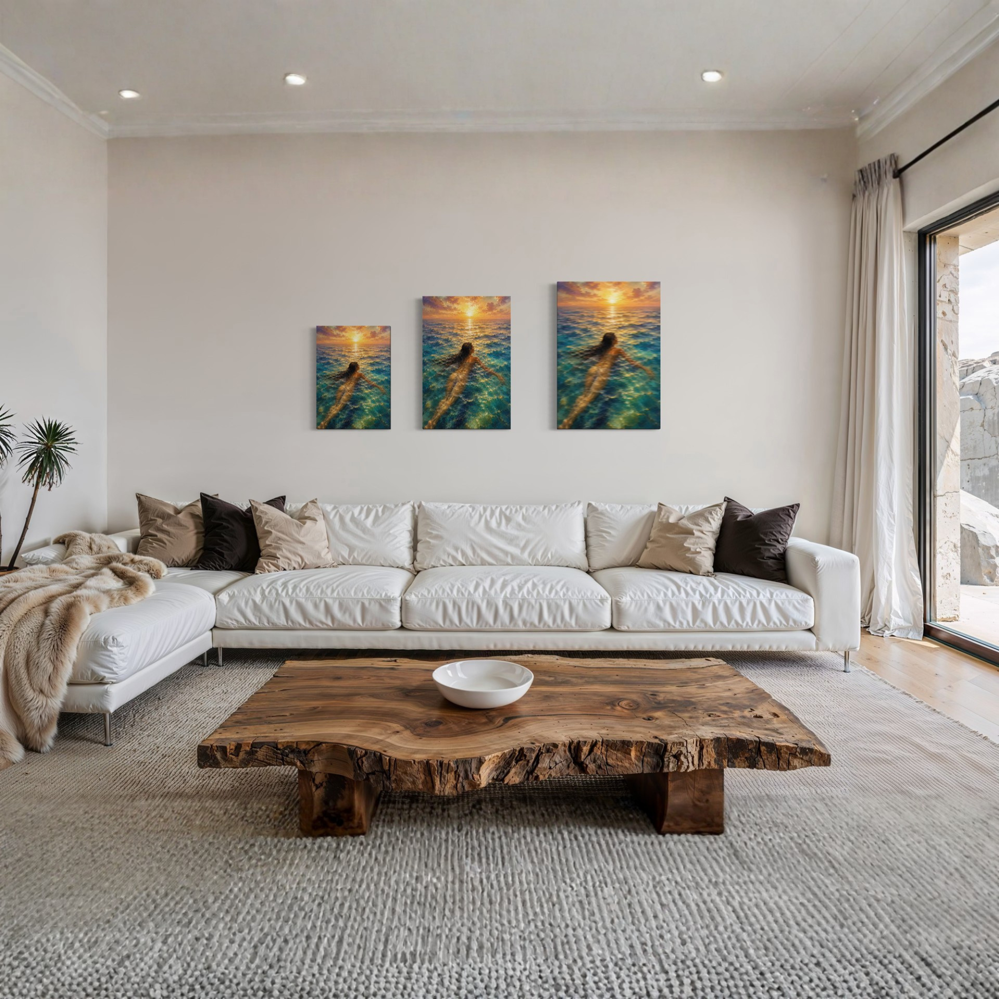 A modern living room featuring The Current Mediterranean canvas art displayed above a white sectional sofa, in three diferent sizes.