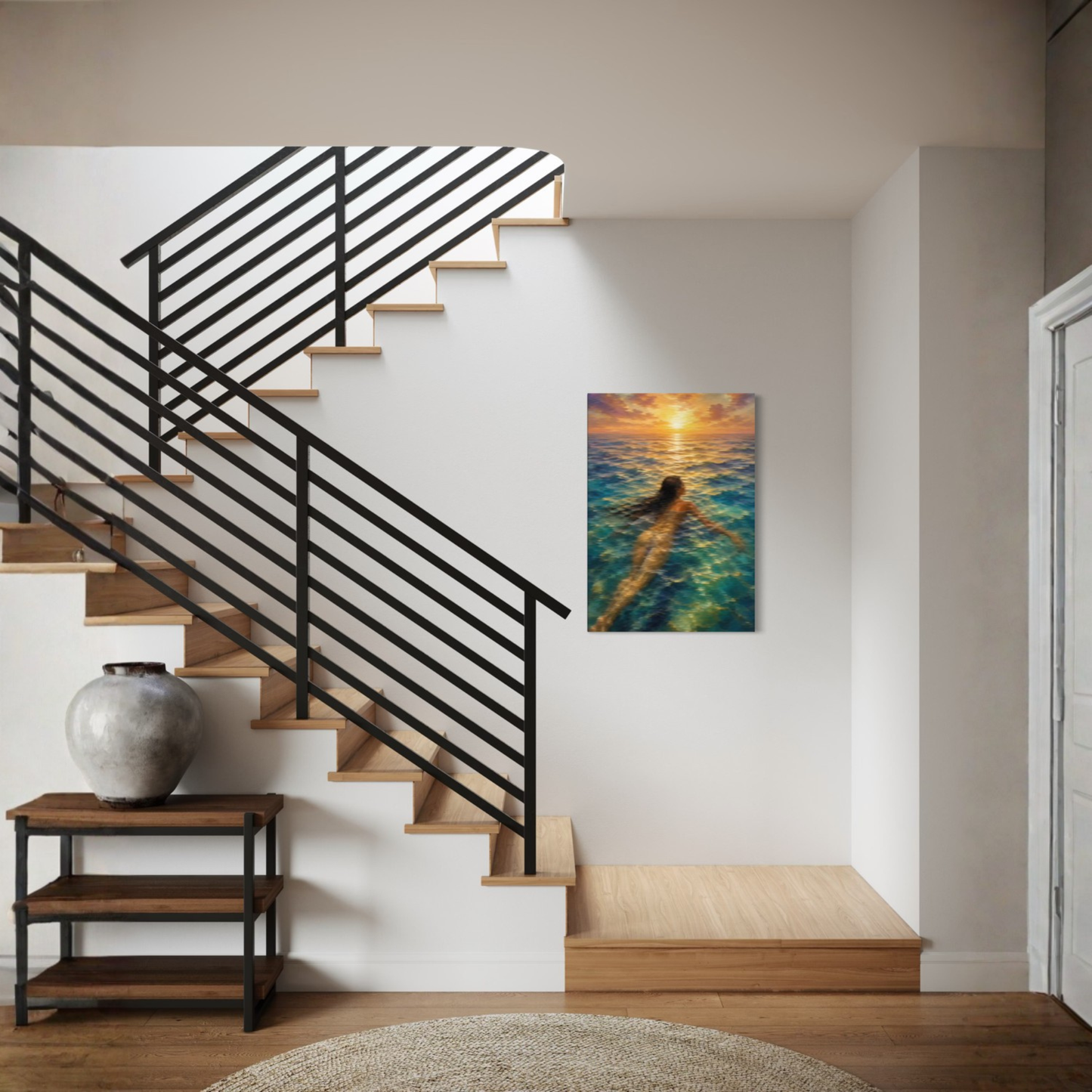 The Current Mediterranean canvas art displayed on a white wall in a modern staircase landing area.