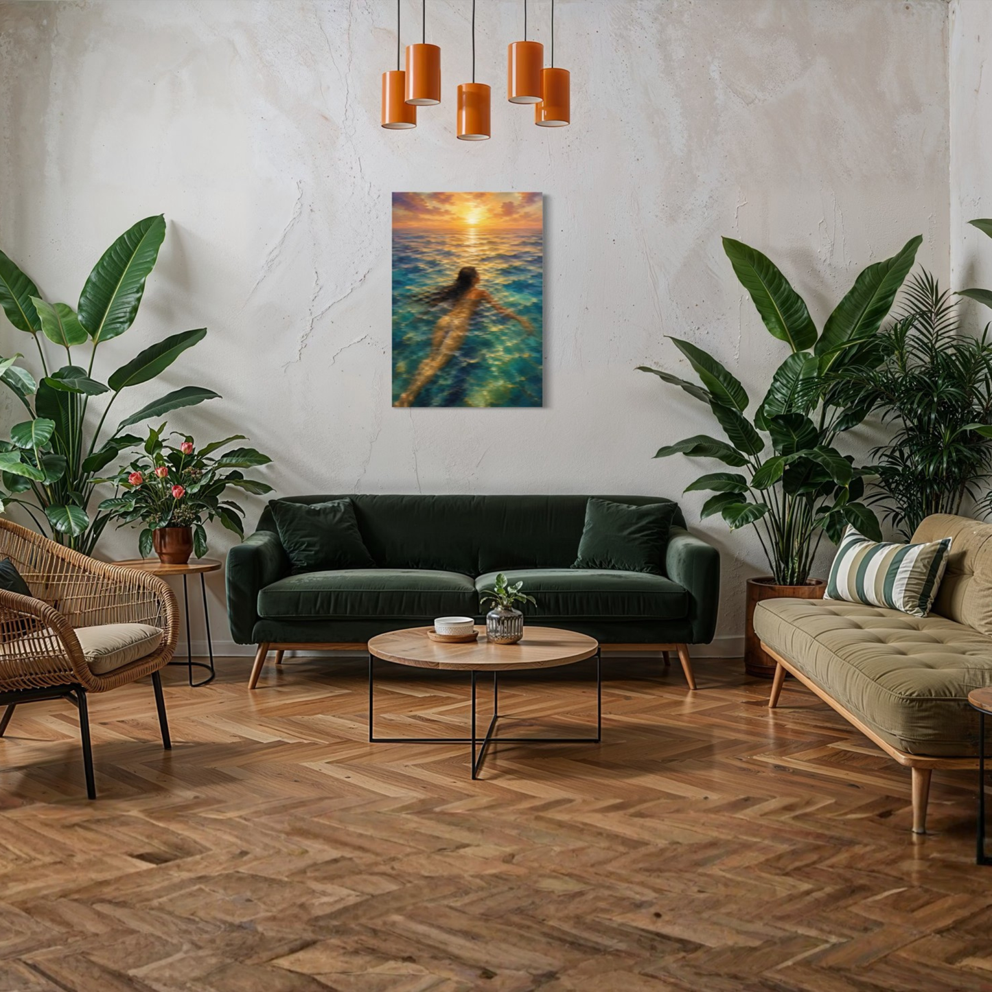 The Current Mediterranean canvas art displayed in a modern living room setting above a dark green sofa.