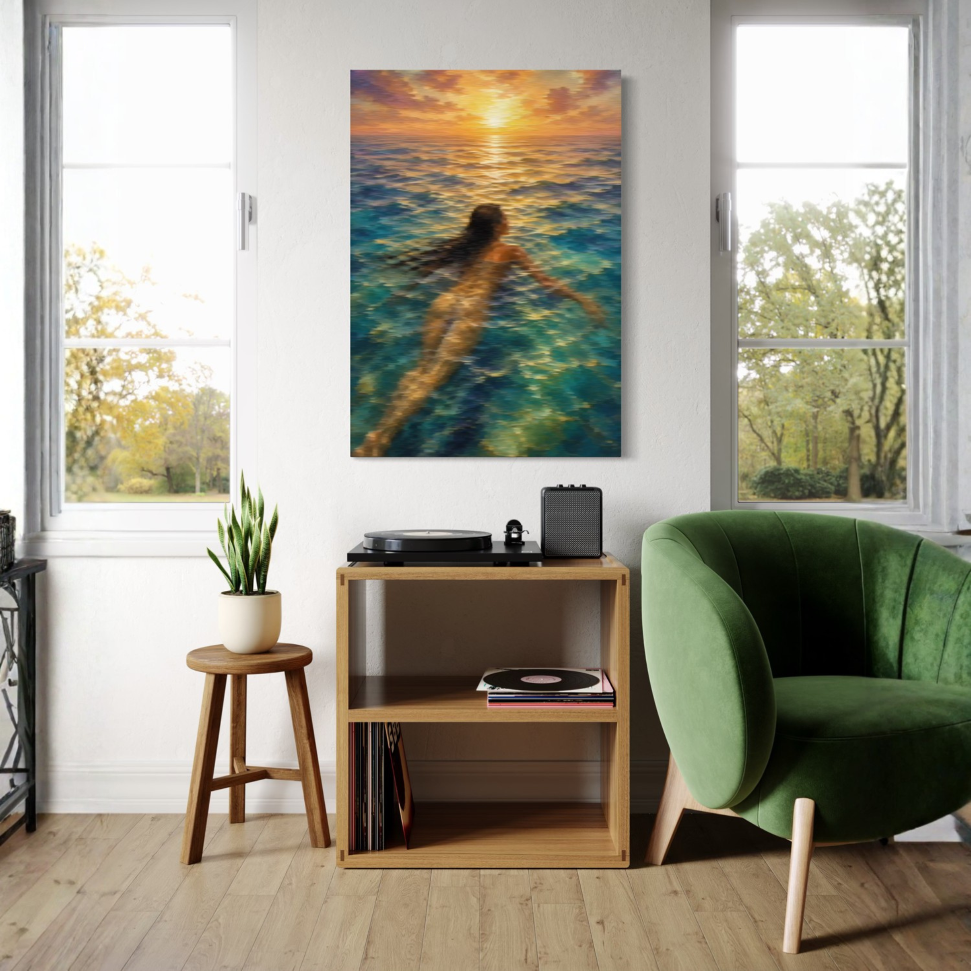 The Current Mediterranean canvas art styled in a modern living room setting above a wooden shelf between two windows.