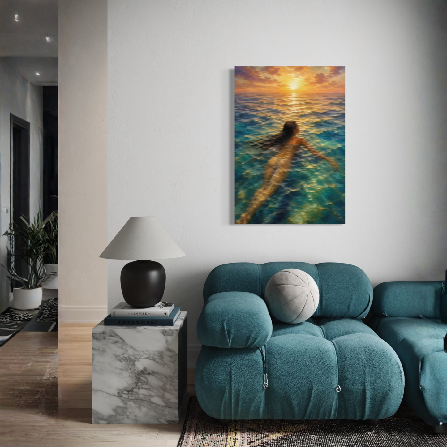 The Current Mediterranean canvas art displayed on a white wall above a teal sofa in a modern living room setting.