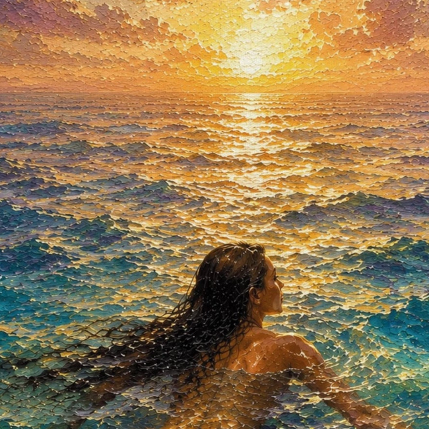 Close-up of painterly canvas art with turquoise water, golden sunset reflection, movement and textured sea light.