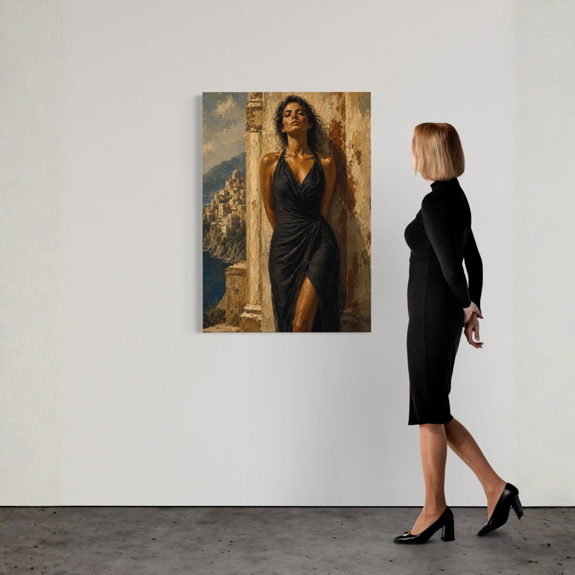Mediterranean canvas art showing a lone woman within sunlit stone architecture beside the sea.