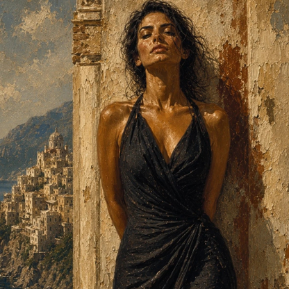 Close-up of painterly Mediterranean canvas art with warm stone, sea light, textured surface and a lone female figure.