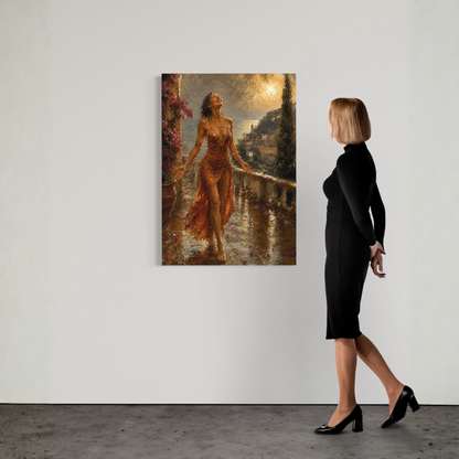 Mediterranean rain canvas art showing a woman in a terracotta dress beneath warm rain and golden coastal light.