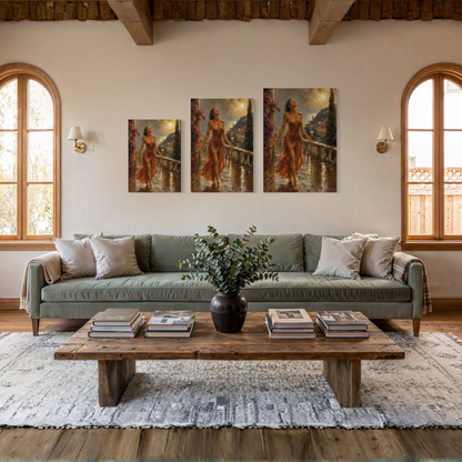 The Sunshower Mediterranean canvas art displayed in a calm luxury living room.