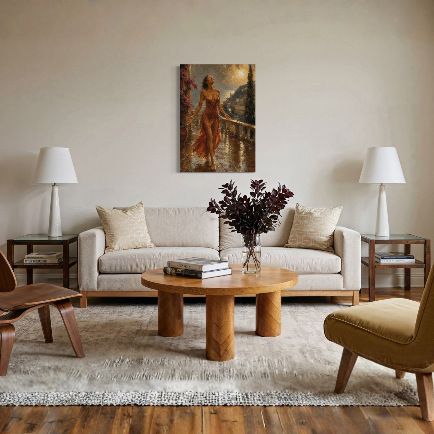 The Sunshower Mediterranean canvas art displayed on a beige wall above a cream-colored sofa in a styled living room setting.