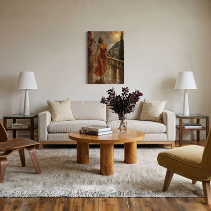 The Sunshower Mediterranean canvas art displayed on a beige wall above a cream-colored sofa in a styled living room setting.