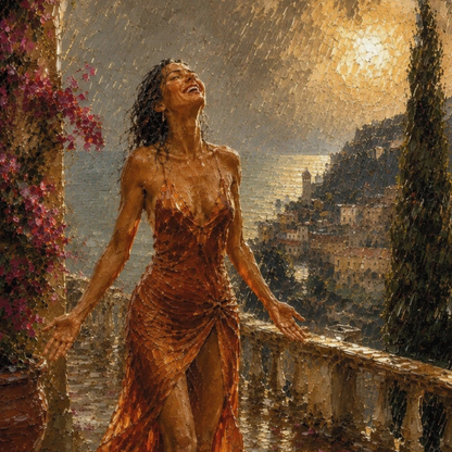 Close-up of painterly canvas art with falling rain, wet stone, terracotta fabric and golden sunlight.