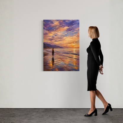 Mediterranean shore canvas art showing a solitary woman walking along wet sand beneath violet and golden evening light.