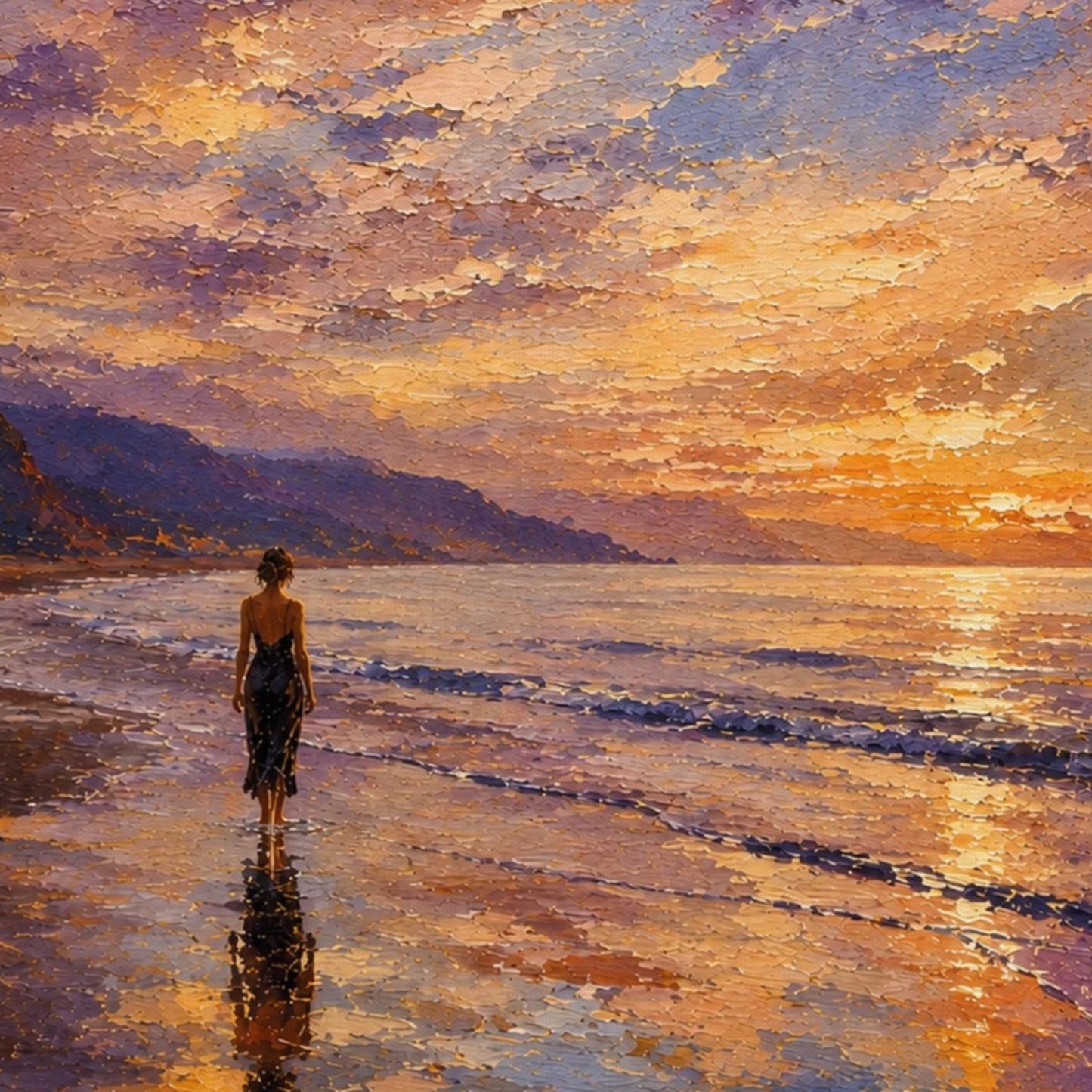 Close-up of painterly Mediterranean canvas art with reflected sunset light, wet shoreline, violet sky and solitary figure.