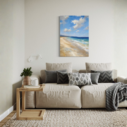 The Blue Distance Mediterranean canvas art displayed on a light beige wall above a modern beige sofa in a styled living room.