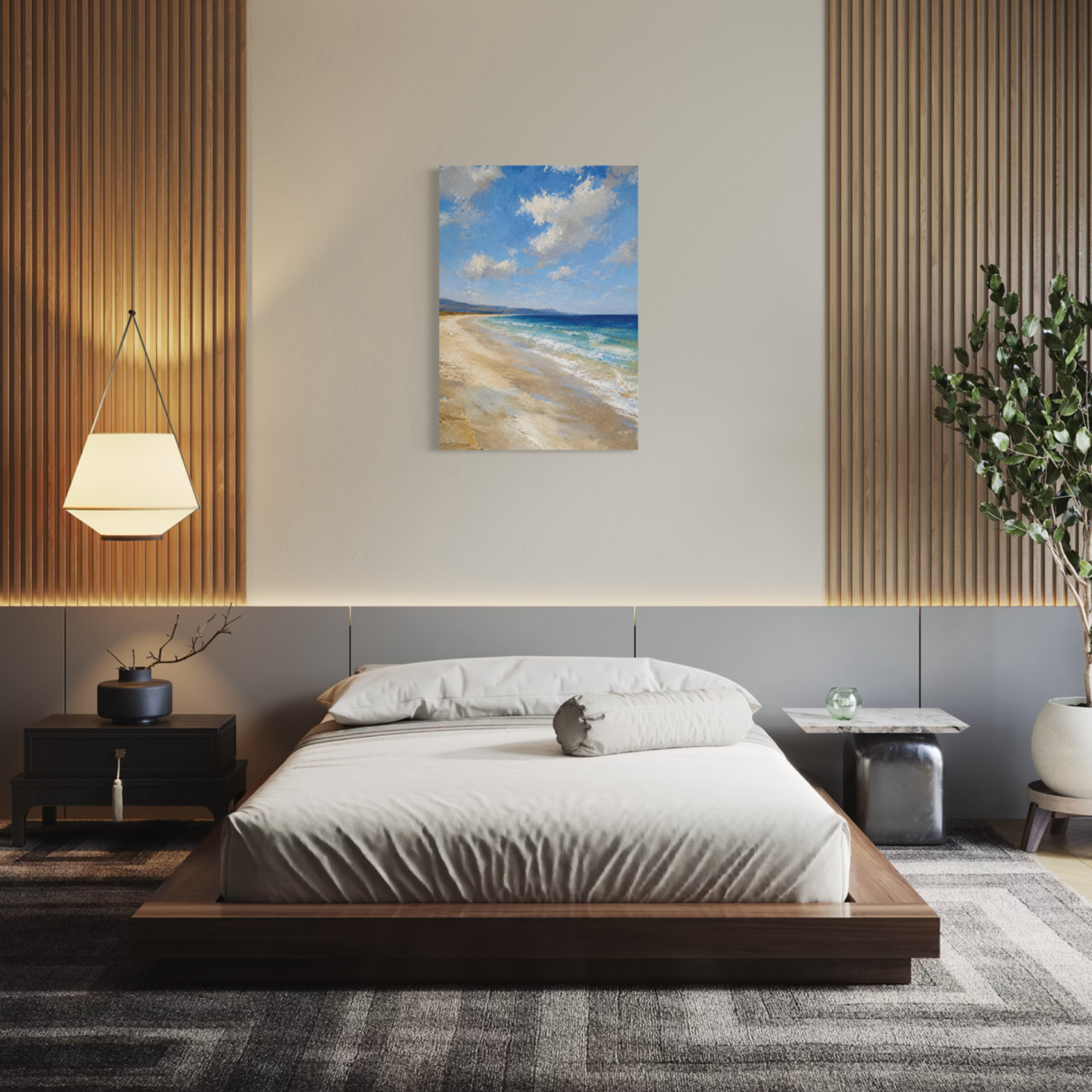 The Blue Distance Mediterranean canvas art displayed on a beige wall above a modern wooden bed in a styled bedroom setting.