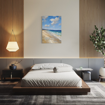 The Blue Distance Mediterranean canvas art displayed on a beige wall above a modern wooden bed in a styled bedroom setting.