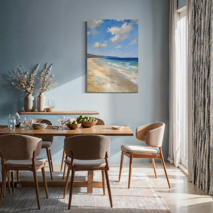 The Blue Distance Mediterranean canvas art hangs on a light blue wall in a modern dining room setting with a wooden table and chairs.