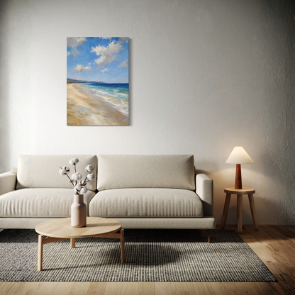 The Blue Distance Mediterranean canvas art hangs on a textured light gray wall above a modern beige sofa in a styled living room setting.