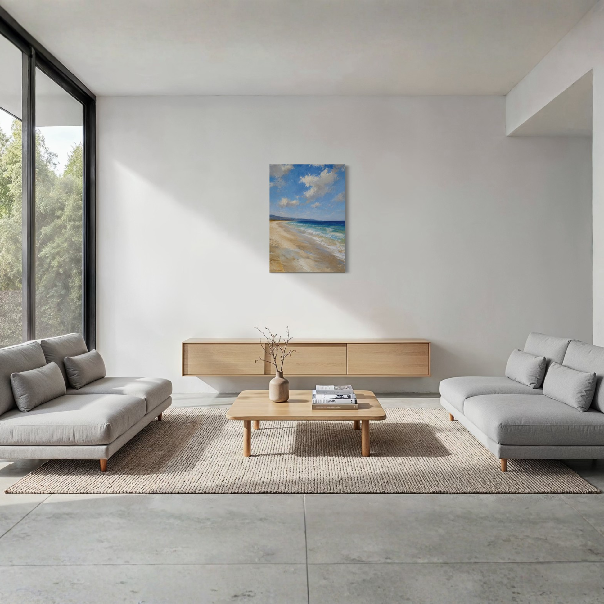 A modern living room with two light gray sofas, a wooden coffee table, and The Blue Distance Mediterranean canvas art hanging on the wall.