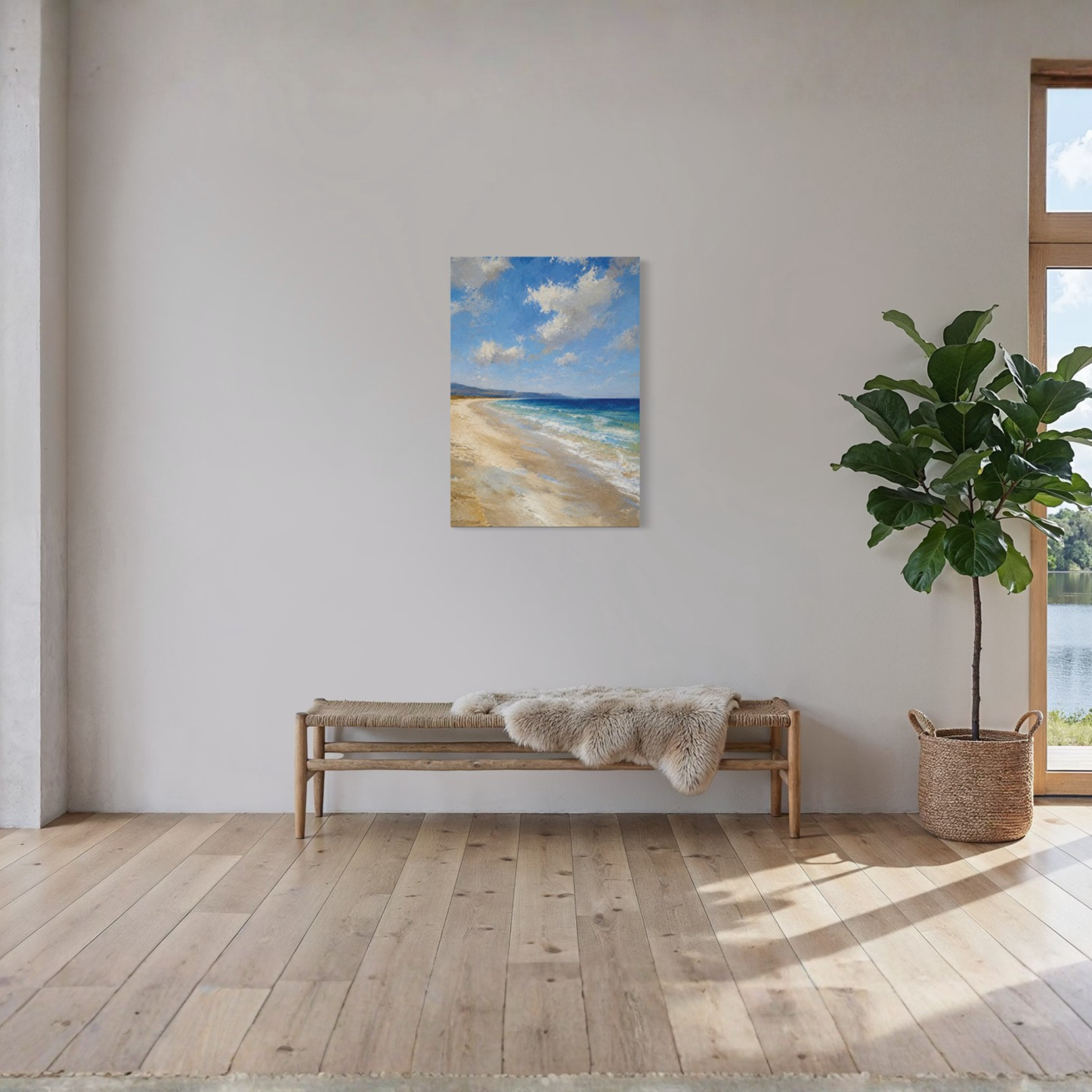 The Blue Distance Mediterranean canvas art displayed on a neutral wall in a modern room setting above a wooden bench with a sheepskin throw and next to a potted fiddle-leaf fig plant.