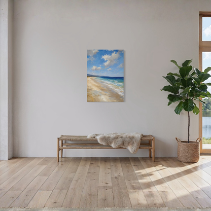 The Blue Distance Mediterranean canvas art displayed on a neutral wall in a modern room setting above a wooden bench with a sheepskin throw and next to a potted fiddle-leaf fig plant.