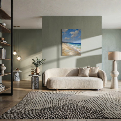 The Blue Distance Mediterranean canvas art displayed in a modern, stylishly decorated living room with a cream bouclé sofa, patterned rug, and sculptural side table and lamp.