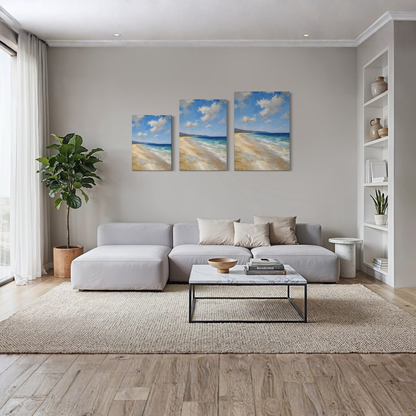 The Blue Distance Mediterranean canvas art displayed in a calm luxury coastal interior, 3 sizes.