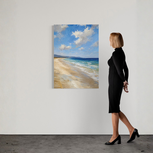 Mediterranean beach canvas art showing a quiet shoreline with pale sand, blue sea, soft clouds and distant horizon light.