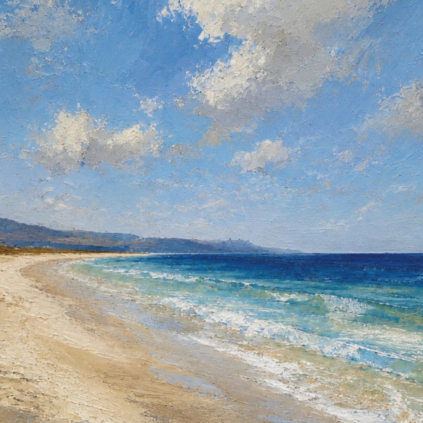 Close-up of painterly Mediterranean canvas art with pale shoreline, blue water, soft clouds and textured coastal light.