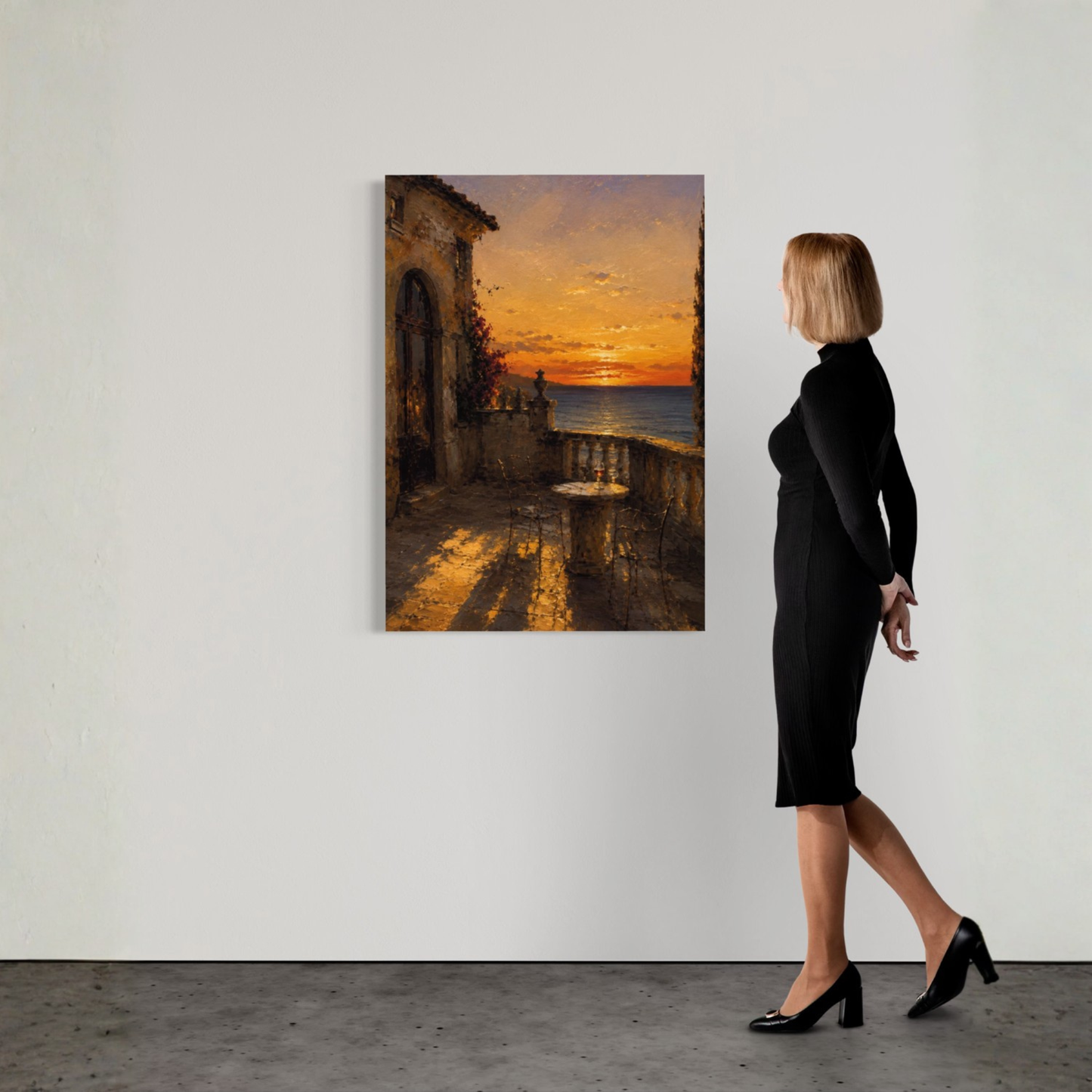Mediterranean sunset canvas art showing a weathered stone terrace, golden evening light, sea view and long shadows.