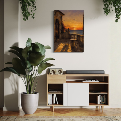The Hour Mediterranean canvas art displayed on a white wall above a modern wooden and white media console. The room is styled with a large potted green plant on the left, hanging greenery at the top corners, and a patterned rug on the floor.